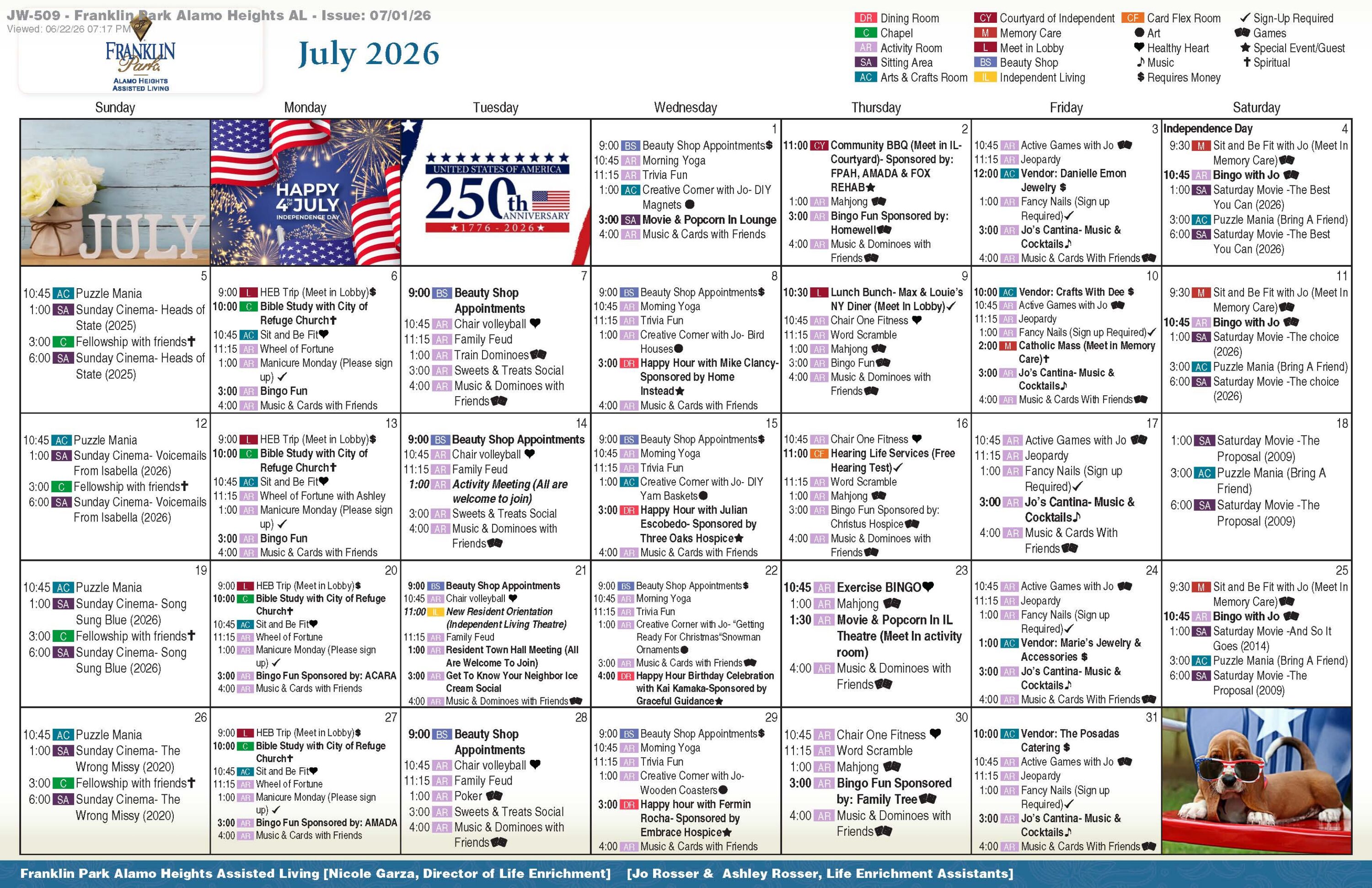 July 2026 assisted living activities calendar