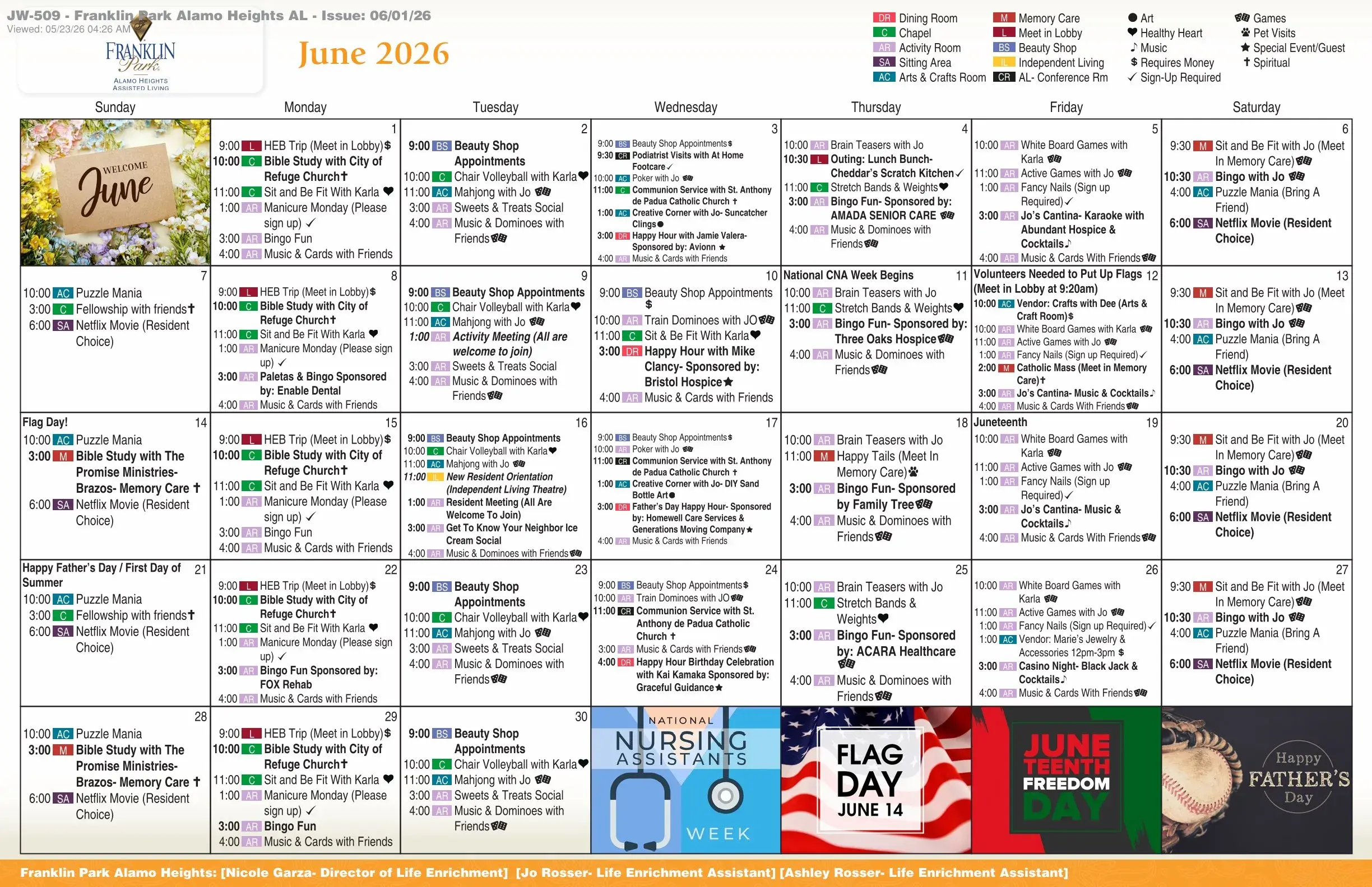 June 2026 assisted living activity calendar