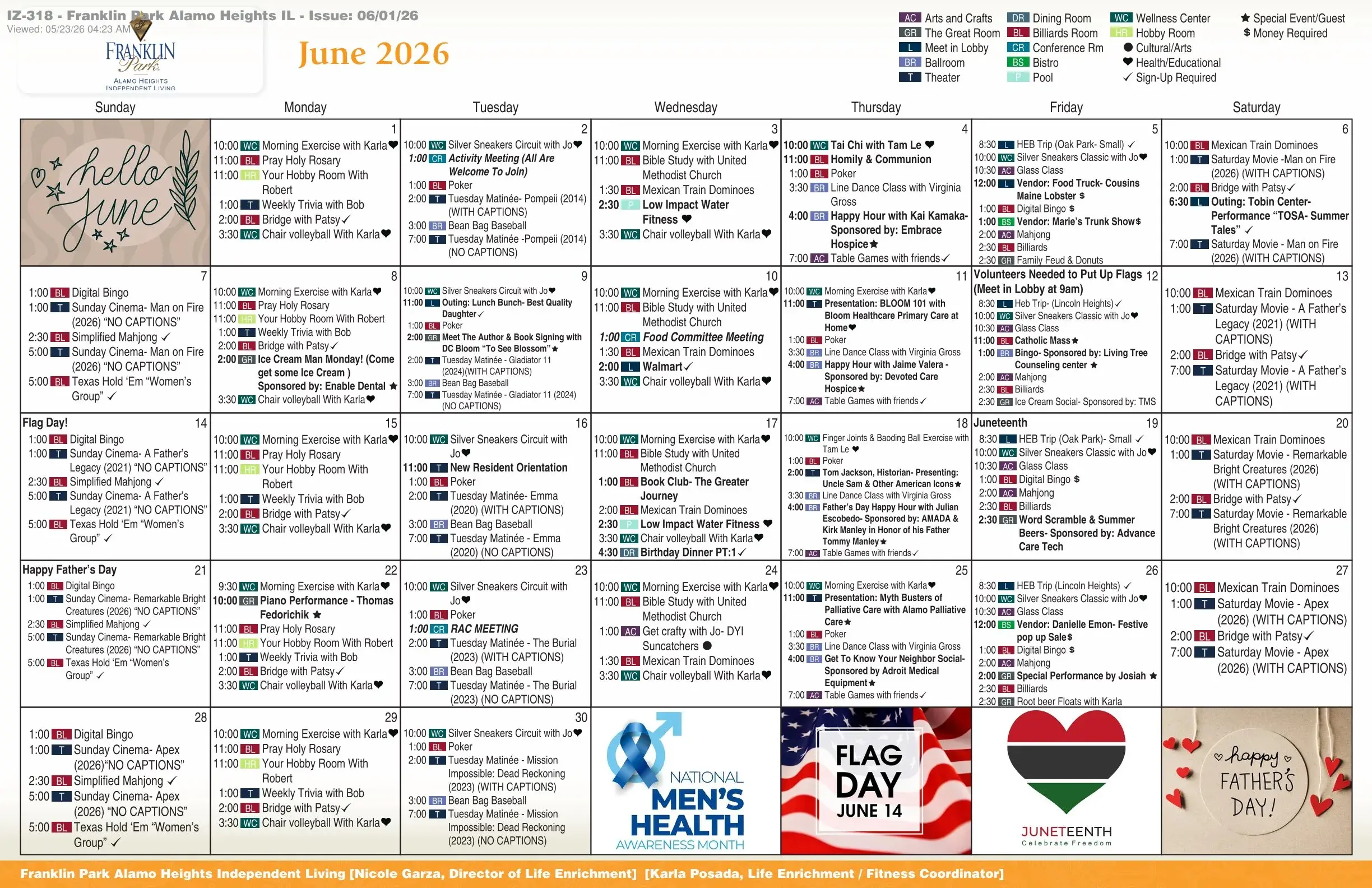 June 2026 activities calendar for senior living community