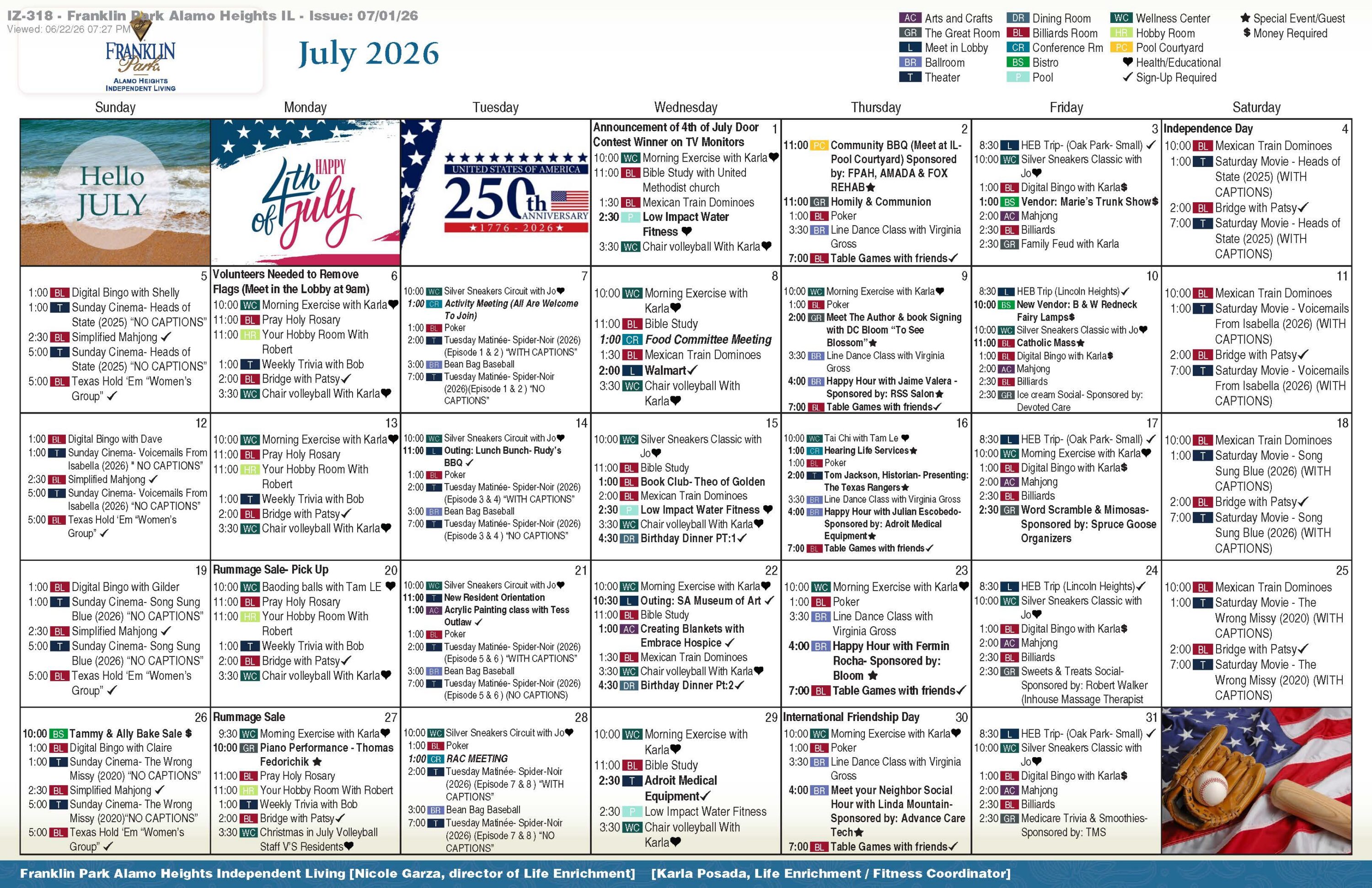 July 2026 activities calendar for senior living community