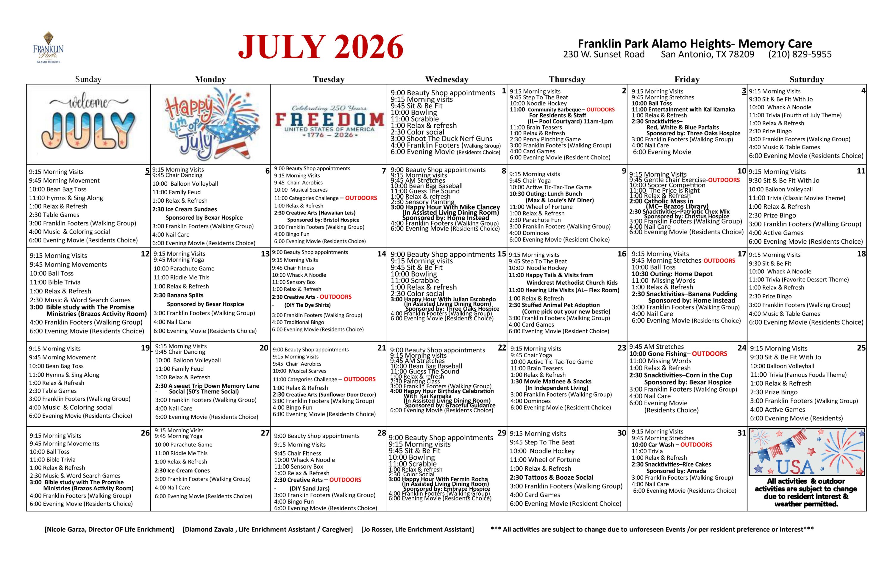 July 2026 activity calendar for memory care community