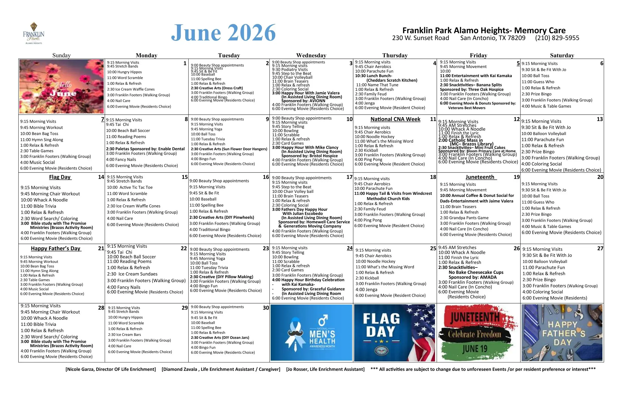June 2026 activity calendar for memory care community