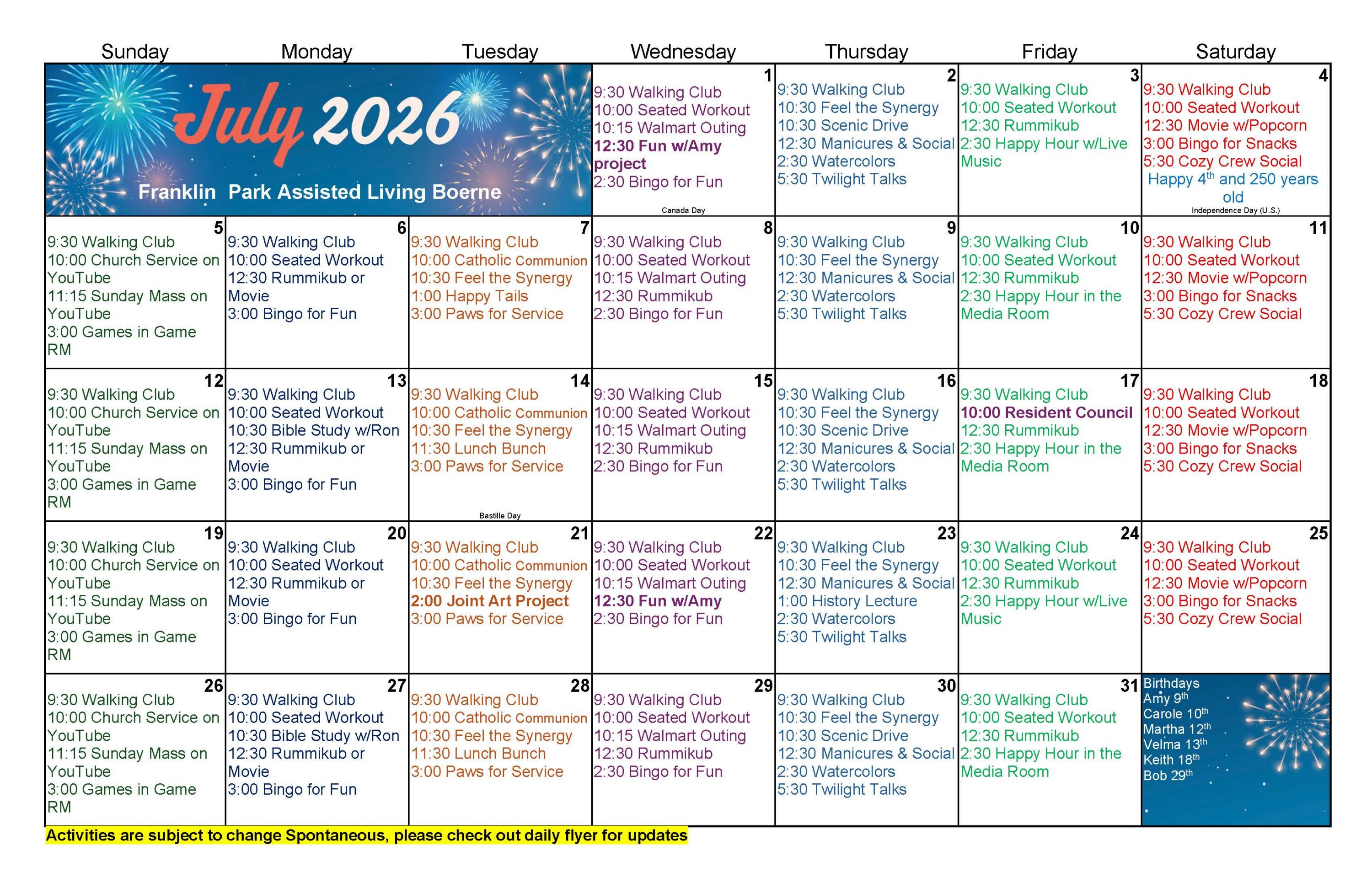 July 2026 activities calendar with fireworks theme