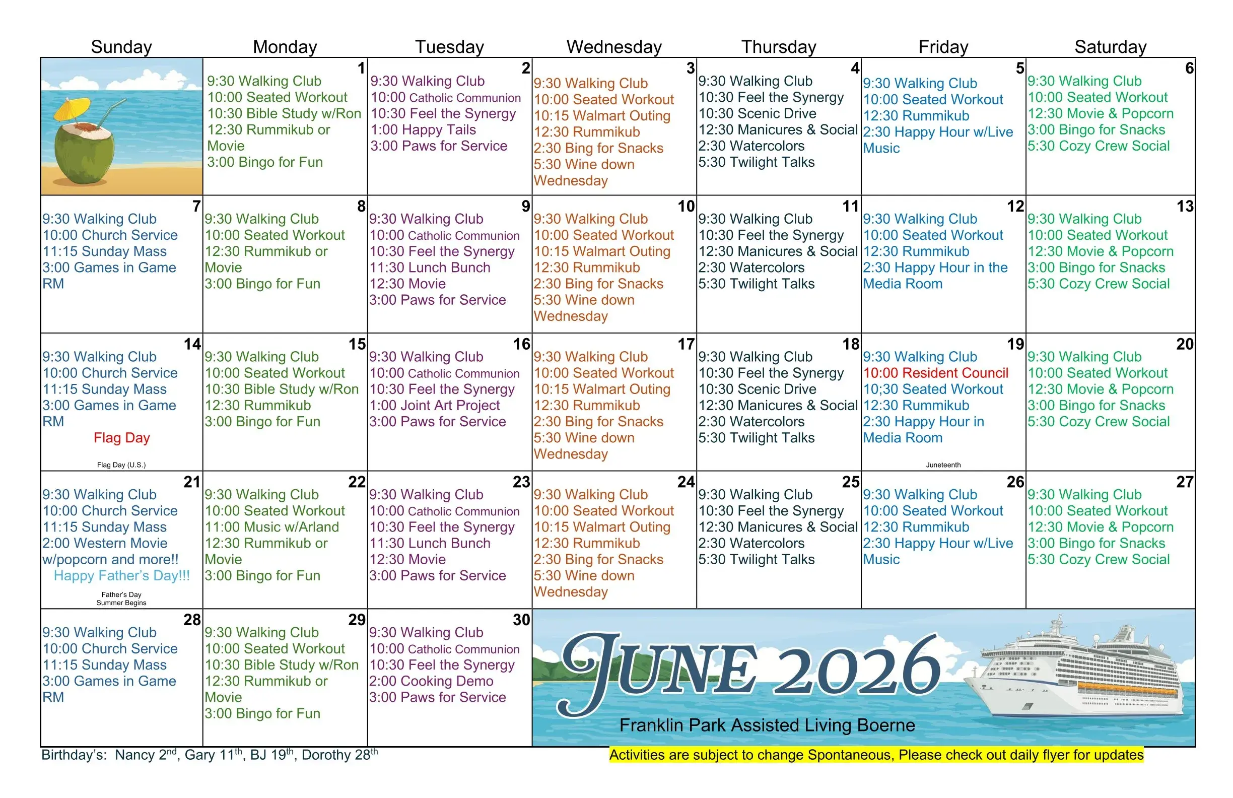 June 2026 activities calendar for assisted living