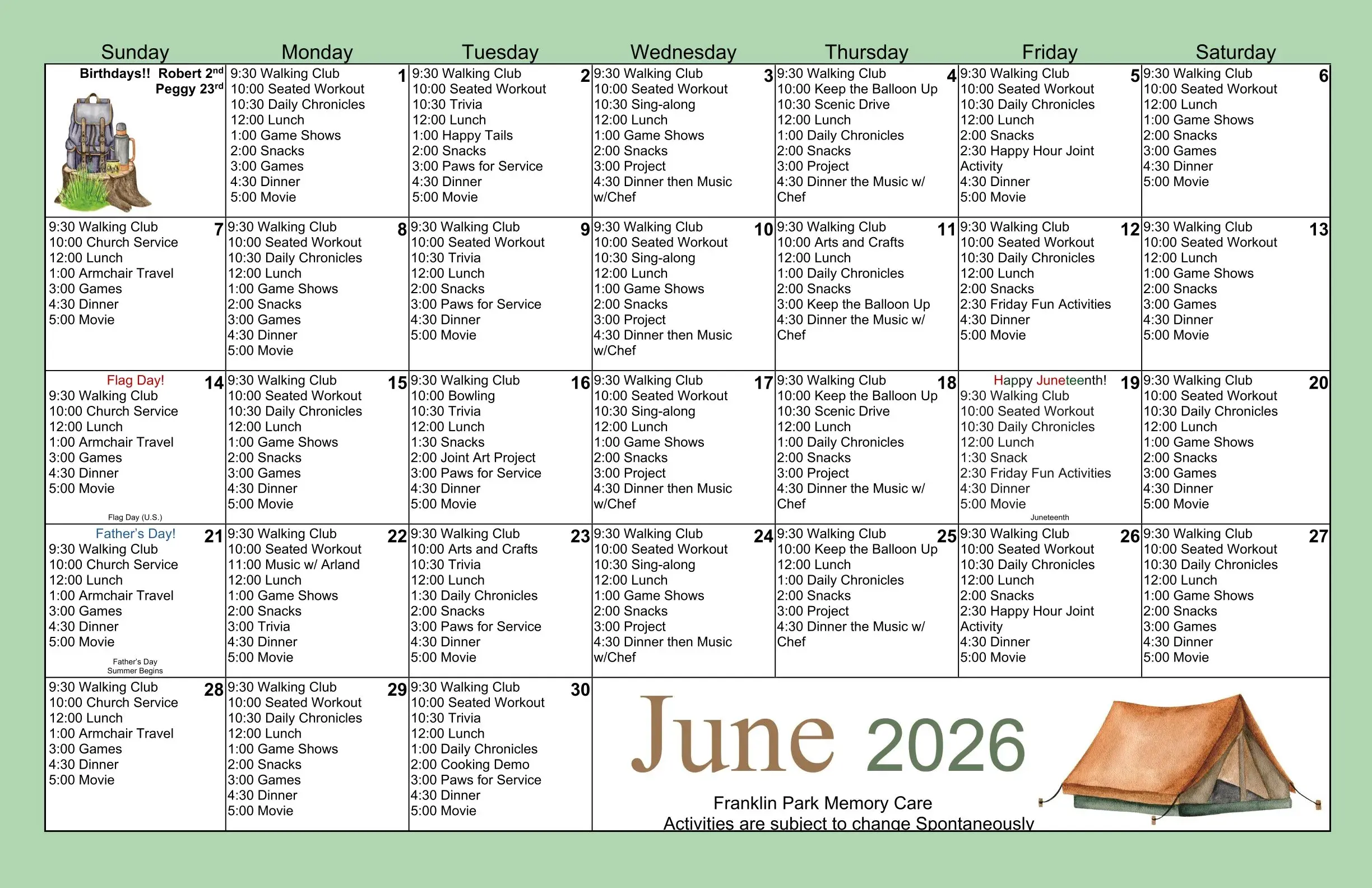 June 2026 activity calendar for memory care facility