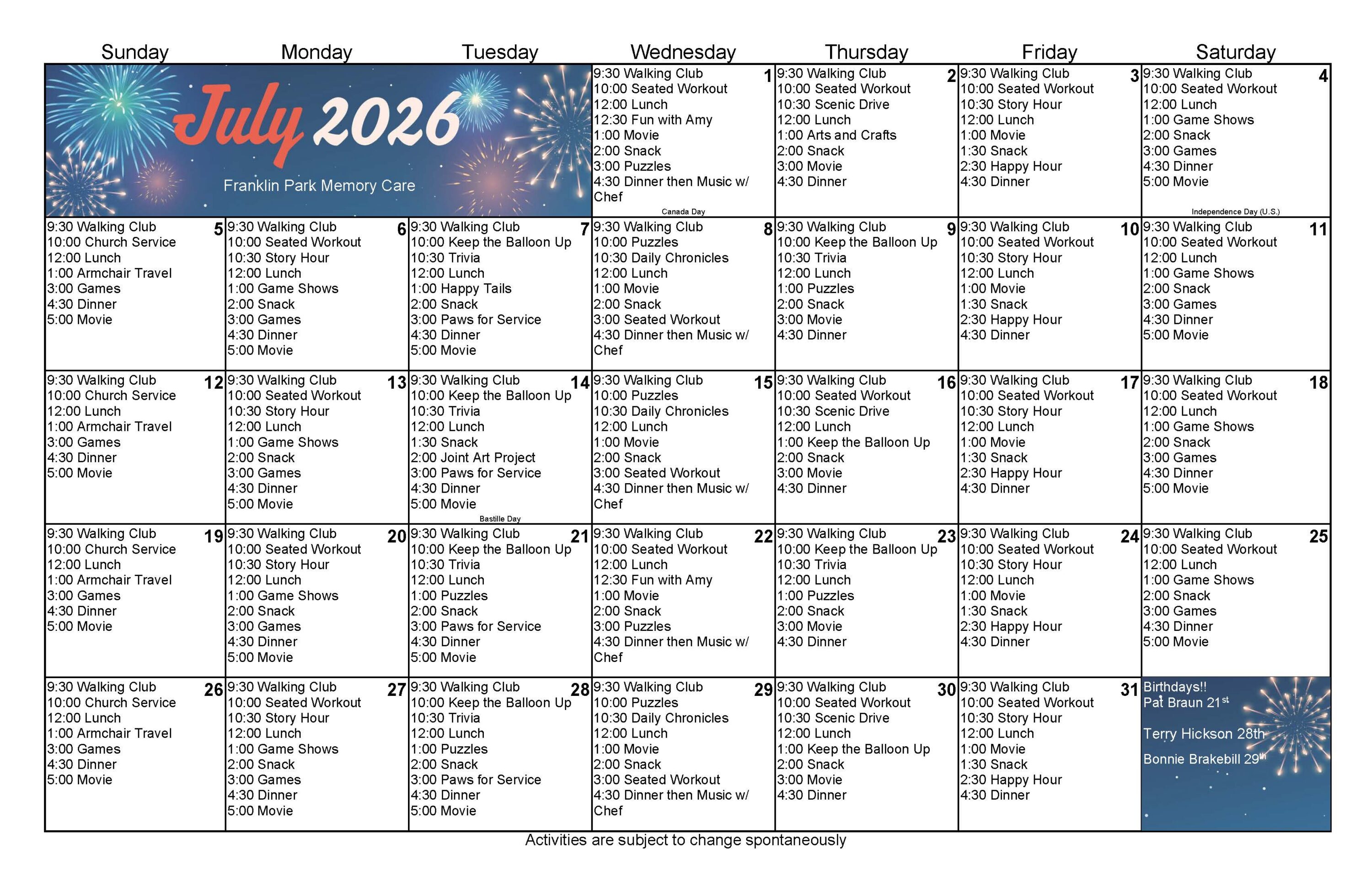 July 2026 activity calendar with fireworks theme