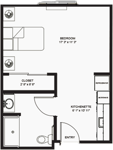Studio apartment floor plan with kitchenette and bathroom