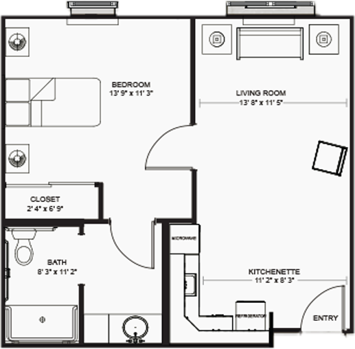 One-bedroom apartment floor plan with labeled dimensions