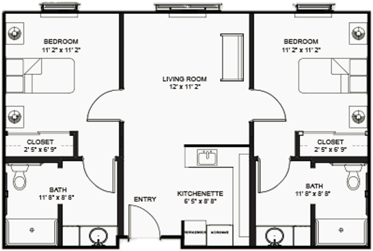 Two-bedroom apartment floor plan with central living room