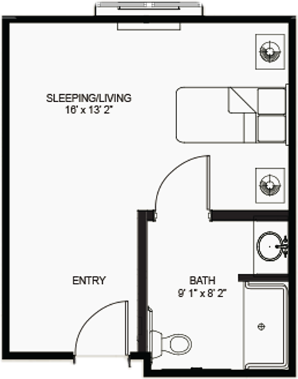 Studio apartment floor plan with bath and entry