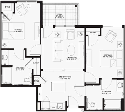 Two-bedroom apartment floor plan with balcony