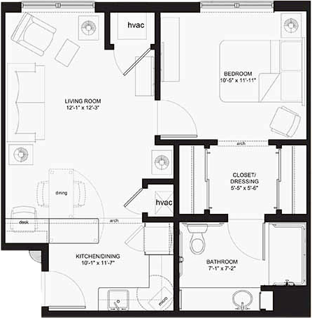 One-bedroom apartment floor plan layout