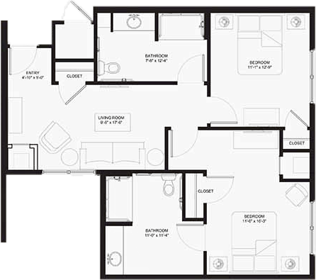 Two-bedroom apartment floor plan with dimensions
