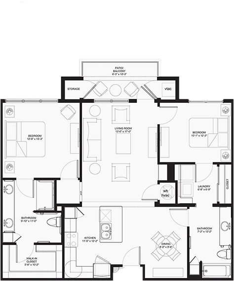 Two-bedroom apartment floor plan with balcony