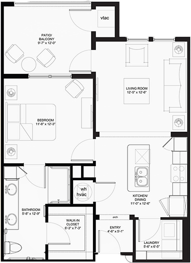 One-bedroom apartment floor plan with labeled rooms