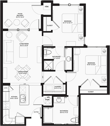 Two-bedroom apartment floor plan with patio