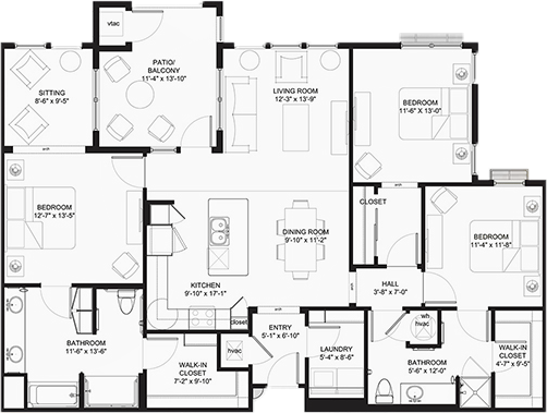 Three-bedroom apartment floor plan with patio