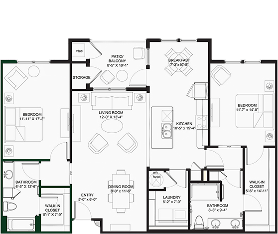 Two-bedroom apartment floor plan with labeled rooms
