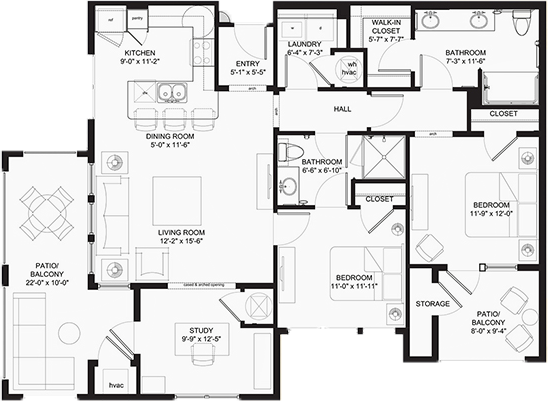 Three-bedroom apartment floor plan with patio and study