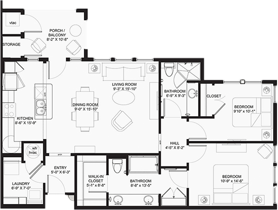 Two-bedroom apartment floor plan with balcony