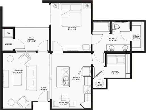 One-bedroom apartment floor plan layout