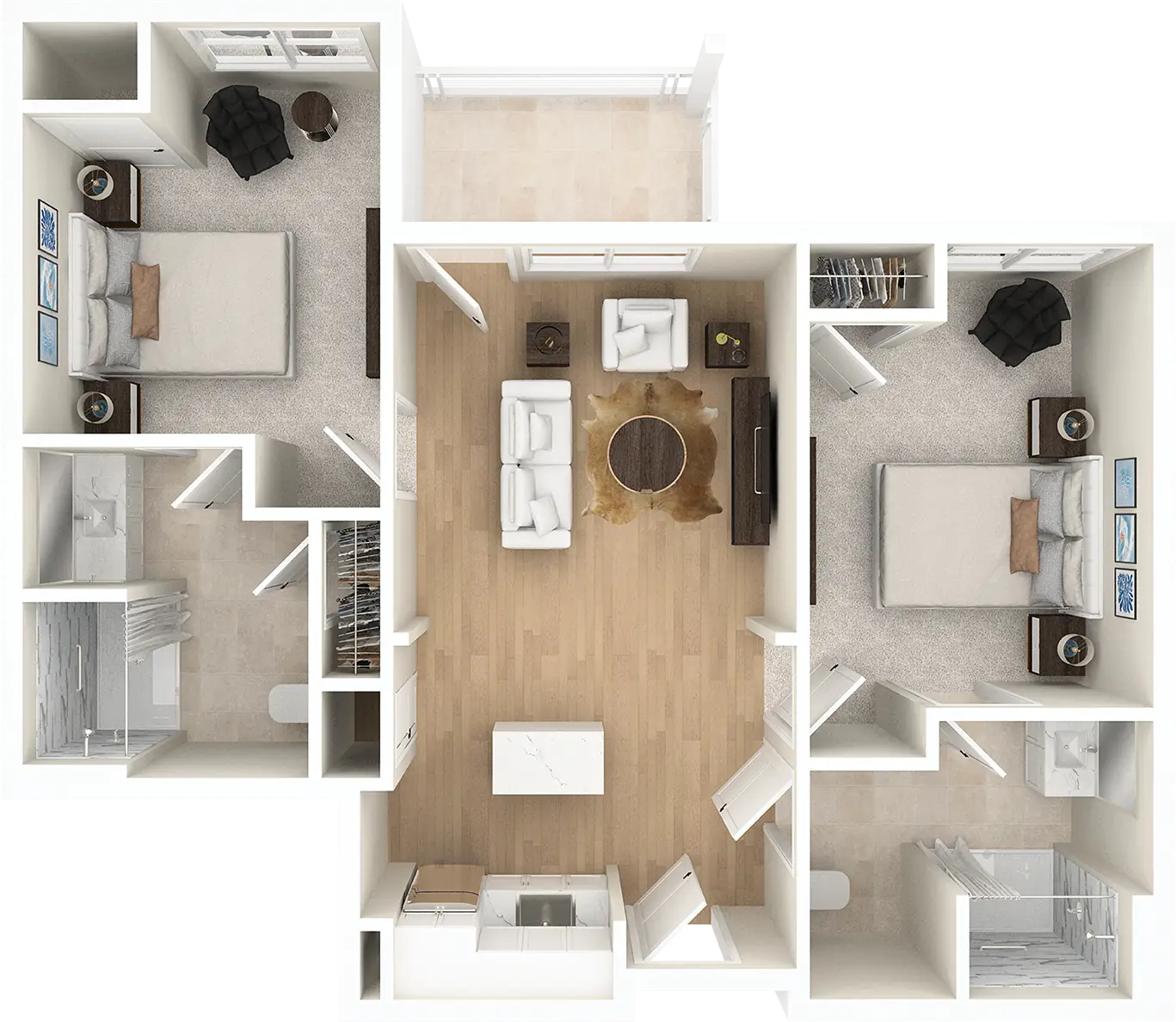 Top-down two-bedroom apartment floor plan layout