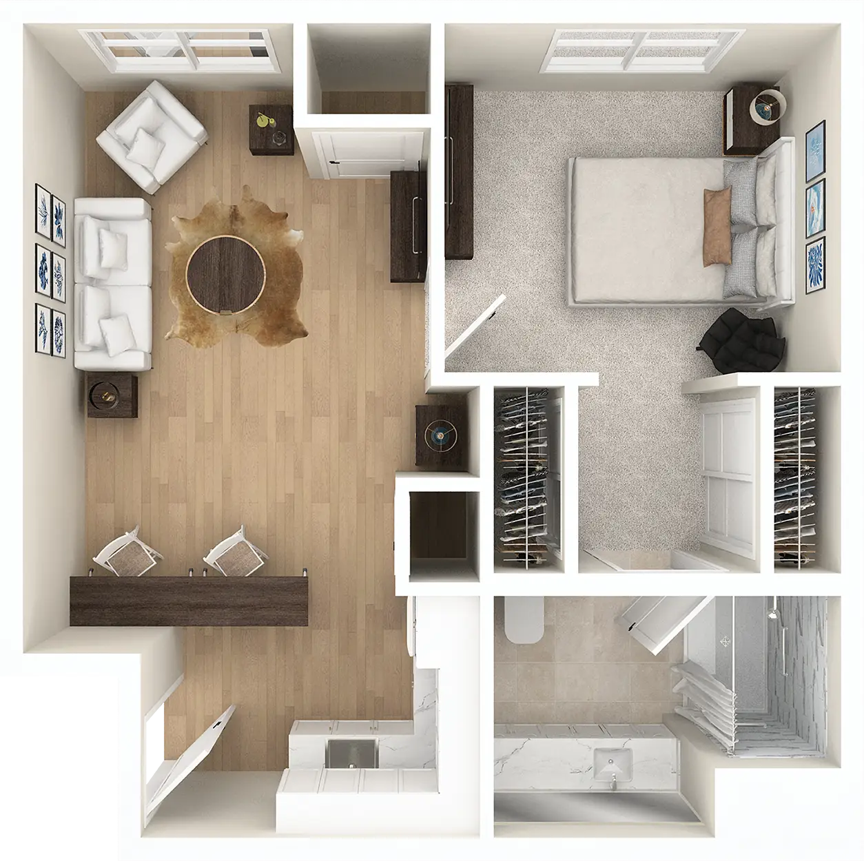 Top-down view of one-bedroom apartment floor plan