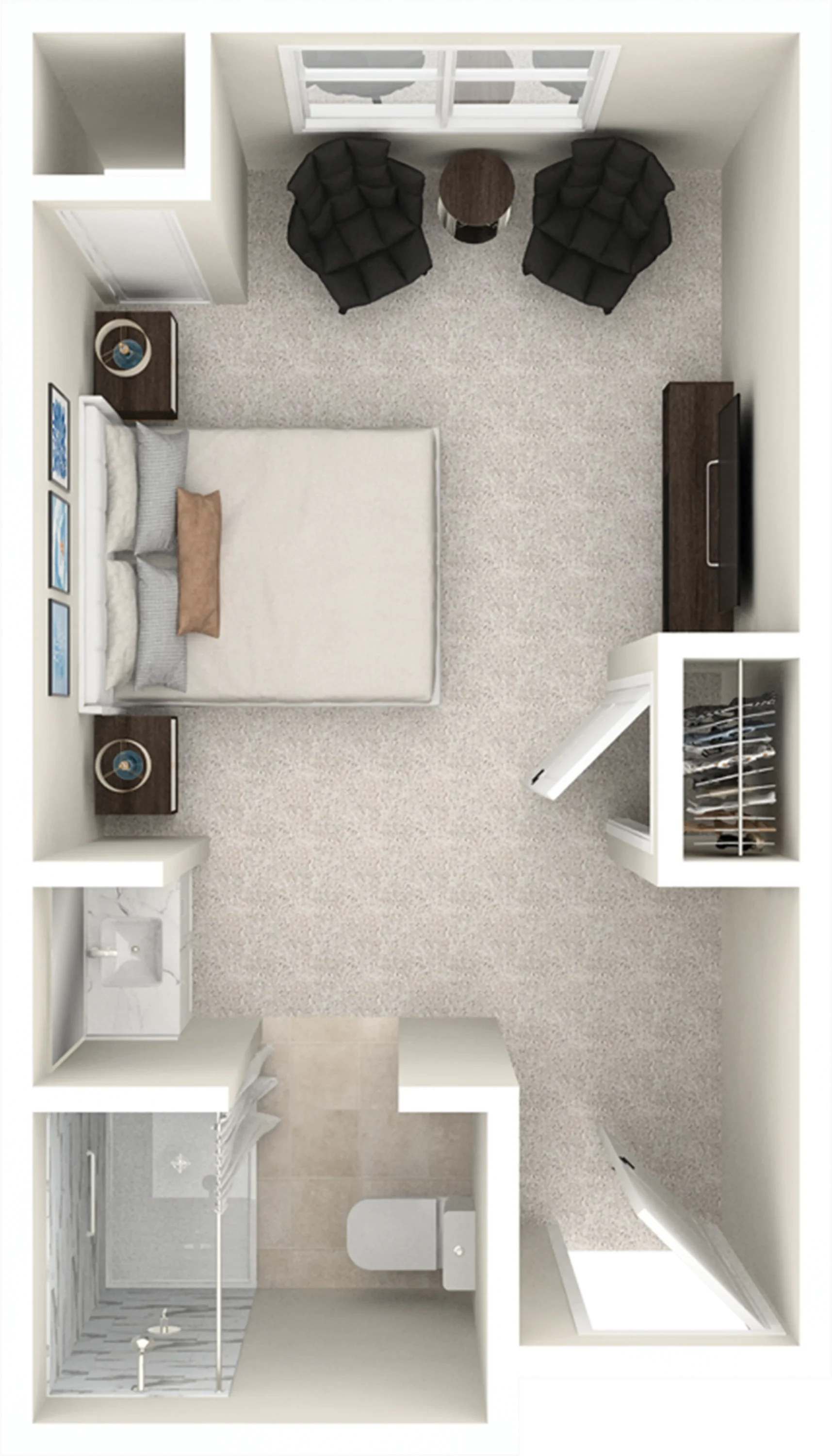 Top-down view of modern bedroom and bathroom layout