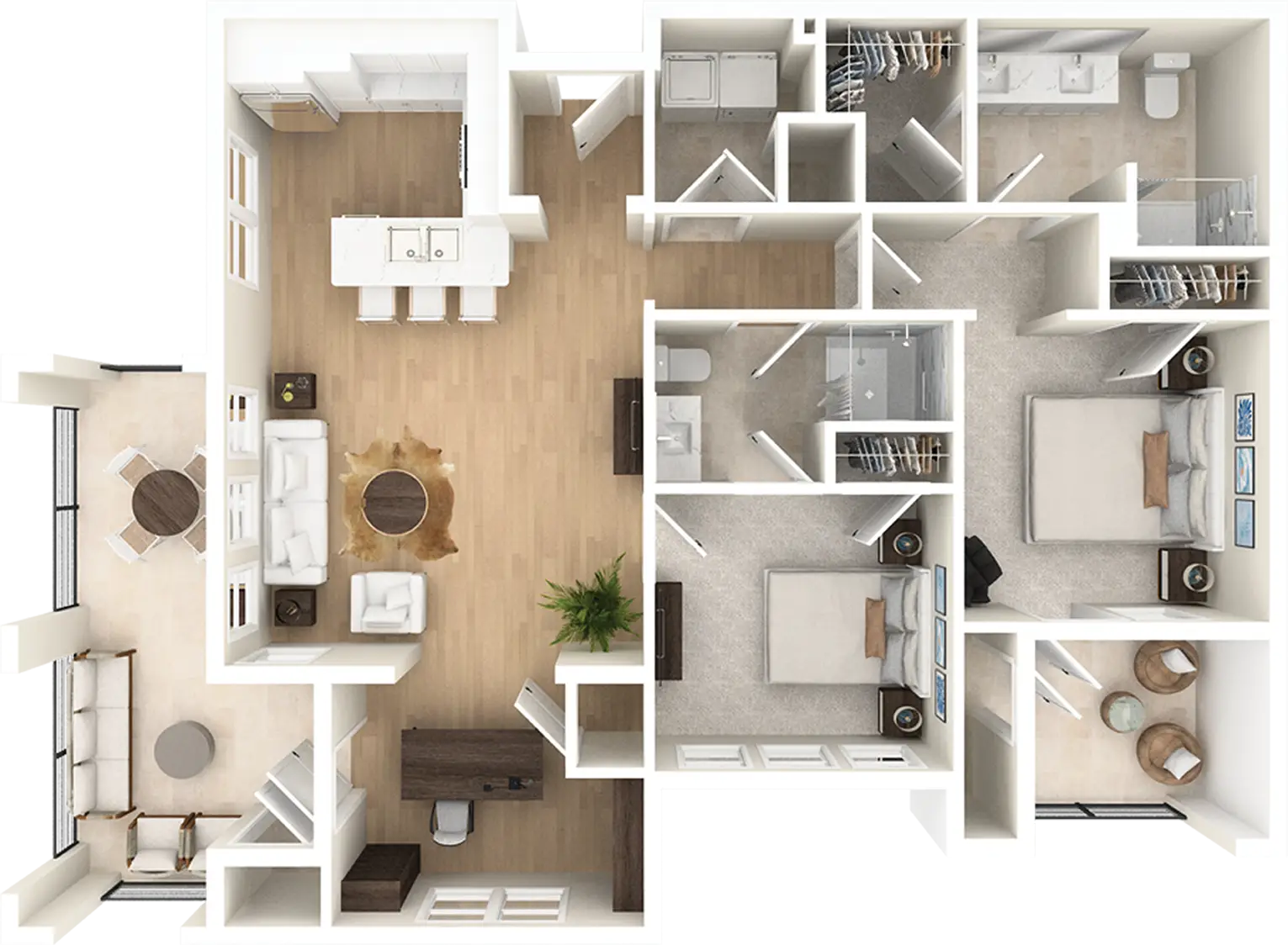 Top-down two-bedroom apartment floor plan layout