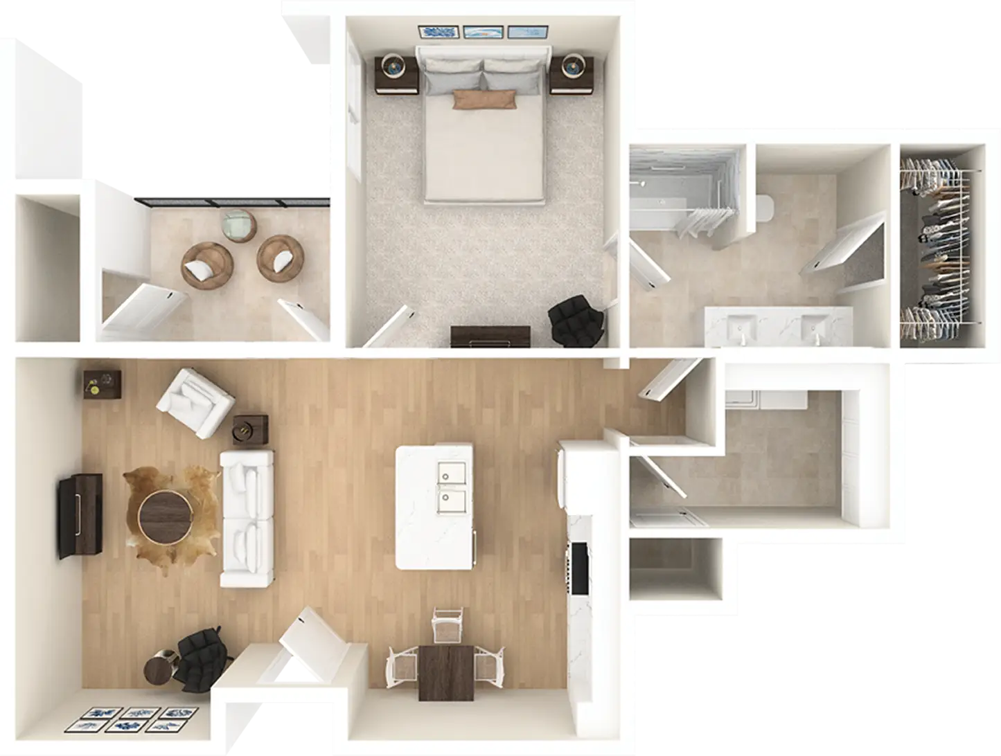 Top-down one-bedroom apartment floor plan layout
