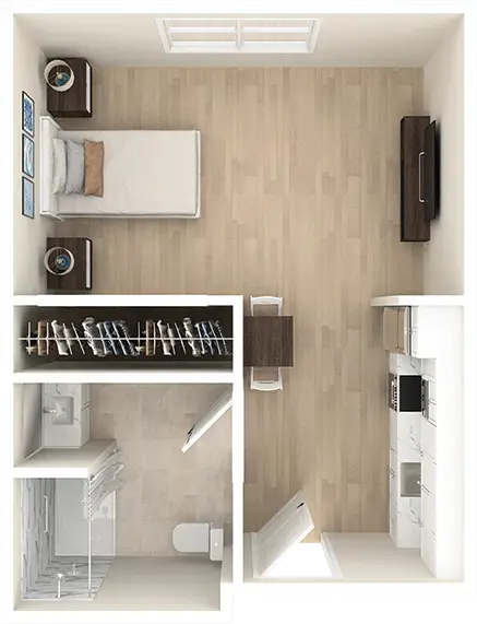 Top-down view of small studio apartment layout
