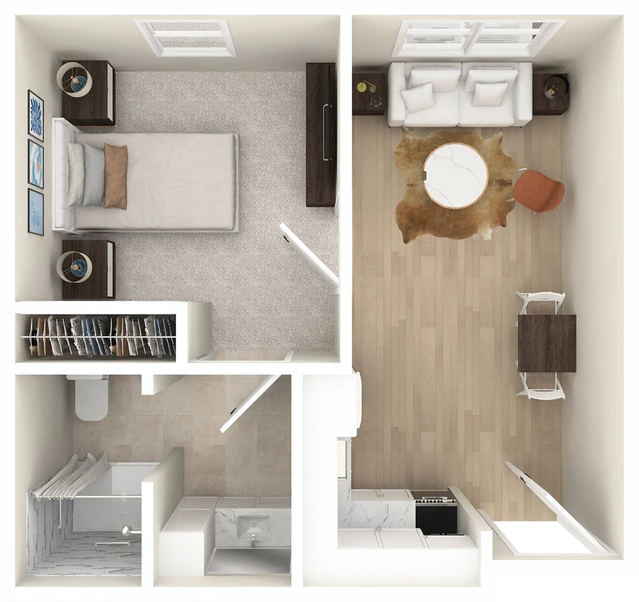 Top-down floor plan of modern studio apartment