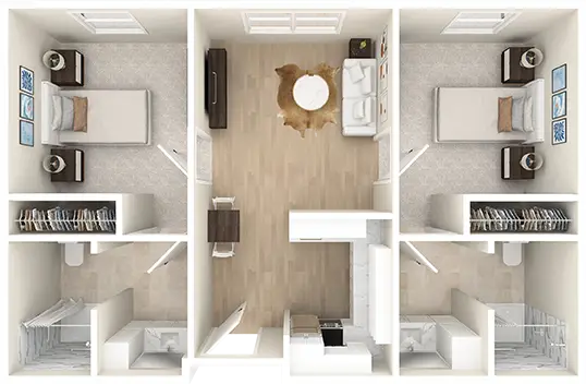 Top-down view of two-bedroom apartment floor plan