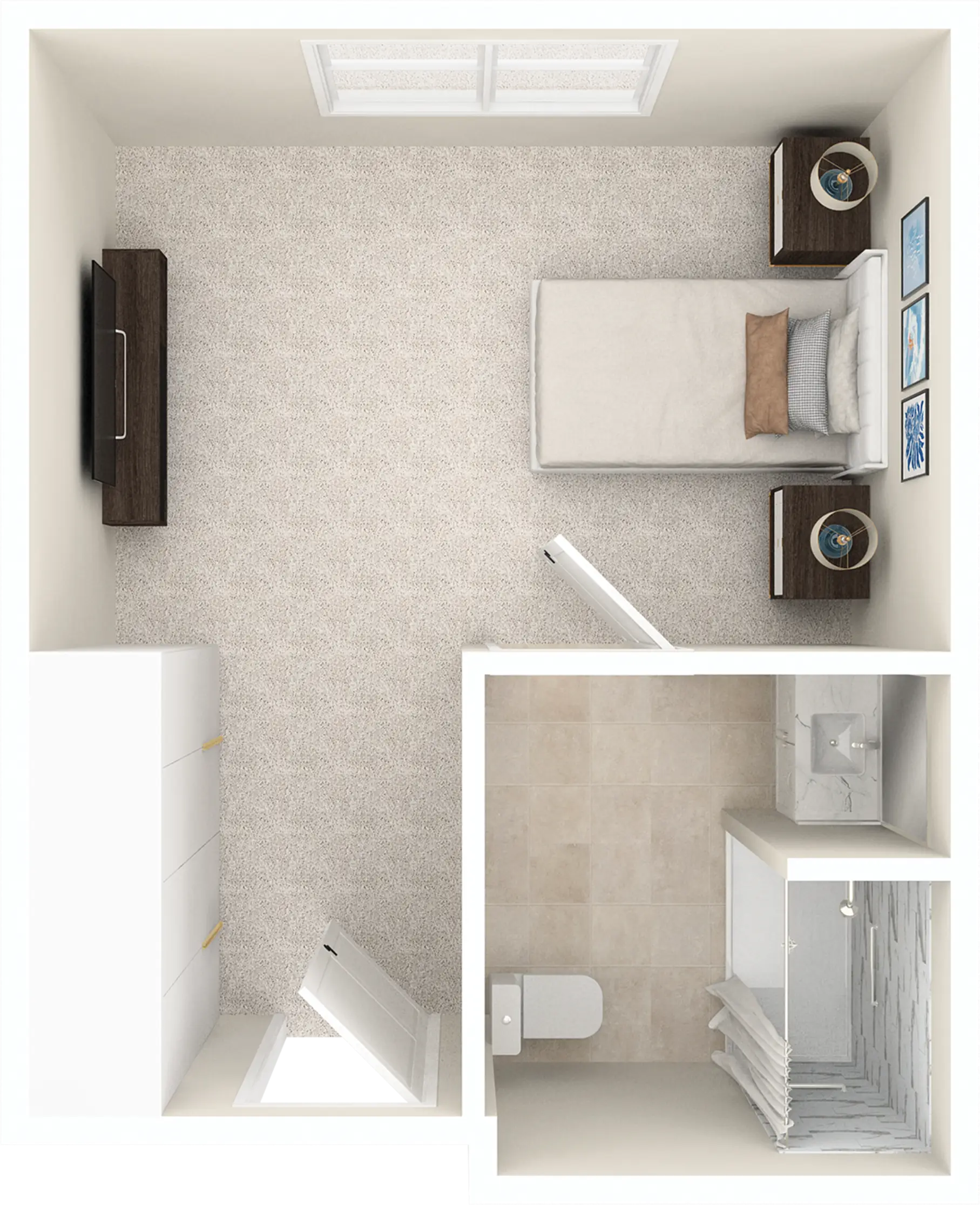 Top-down view of small bedroom and bathroom layout