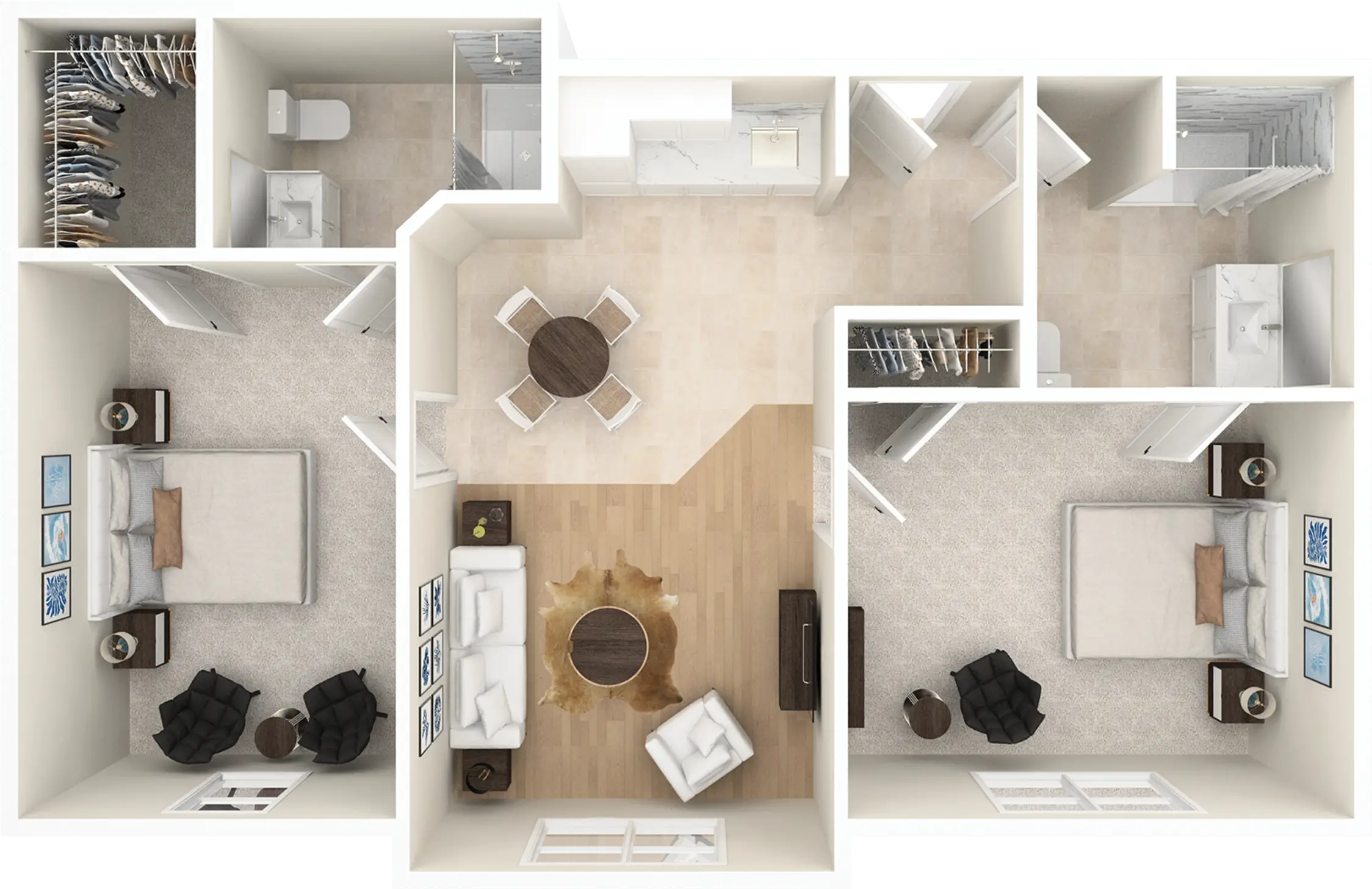 Top-down two-bedroom apartment floor plan layout