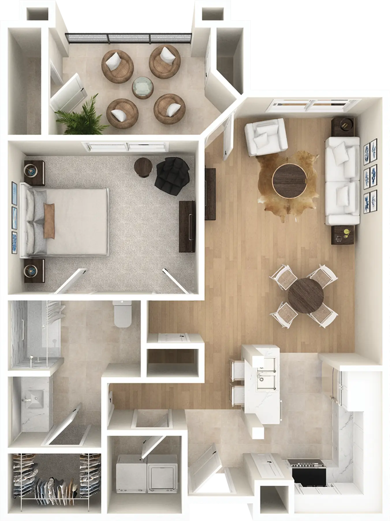 Top-down floor plan of modern one-bedroom apartment