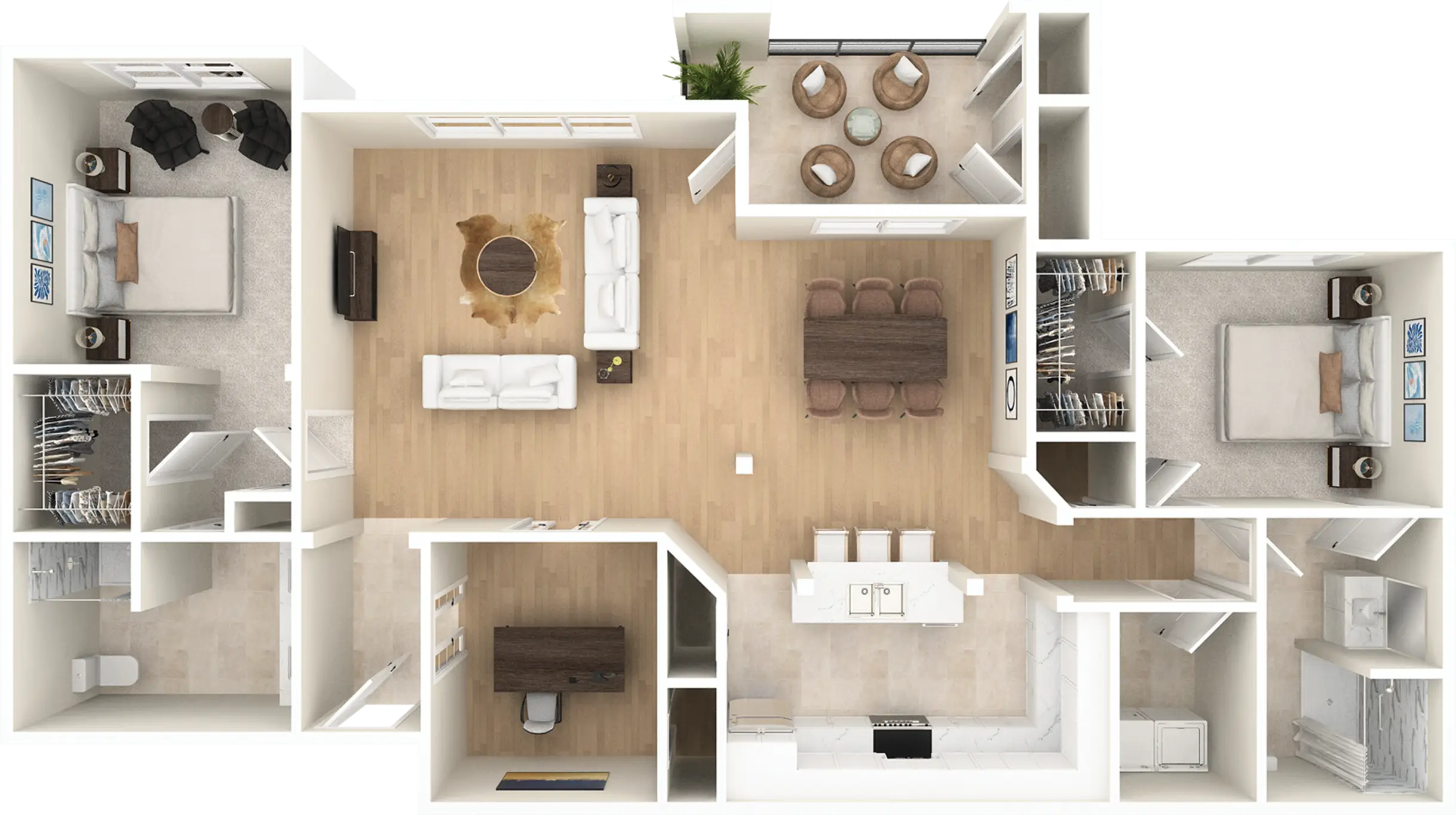 Top-down modern two-bedroom apartment floor plan
