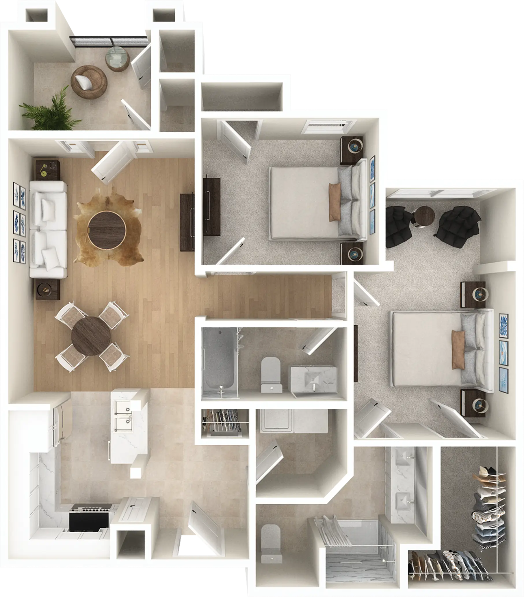 Top-down view of modern two-bedroom apartment floor plan