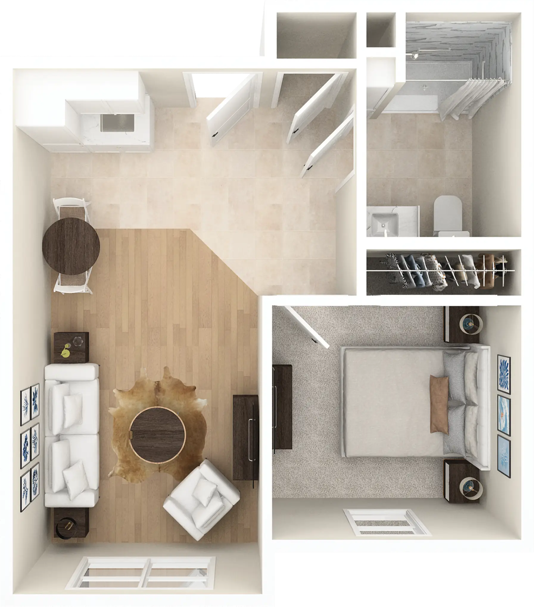 Top-down view of small modern apartment floor plan