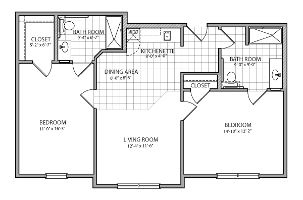 Two-bedroom apartment floor plan with dimensions