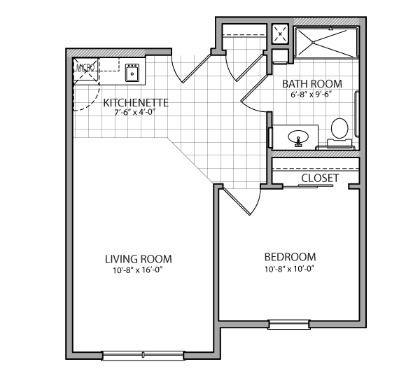 One-bedroom apartment floor plan with dimensions