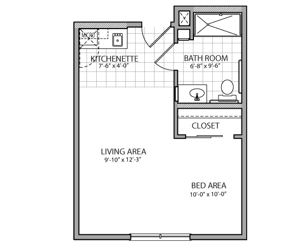 Studio apartment floor plan with labeled rooms