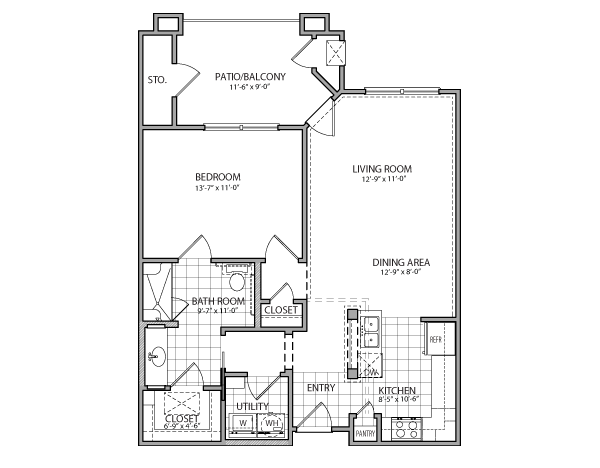 One-bedroom apartment floor plan with patio