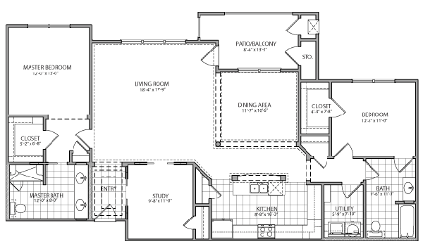 Two-bedroom apartment floor plan with labeled rooms