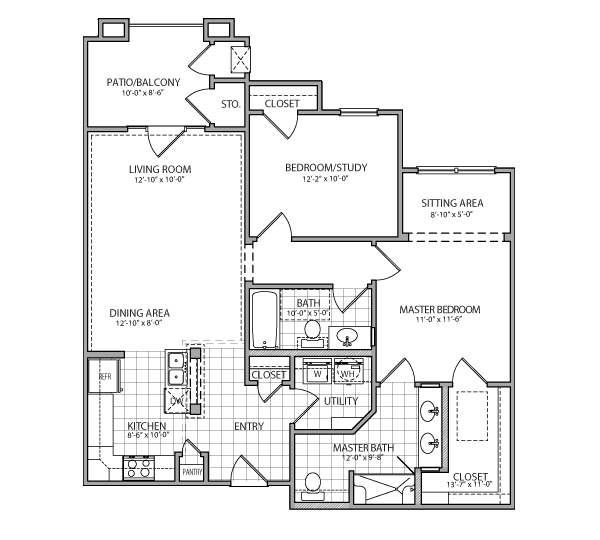 Two-bedroom apartment floor plan with labeled rooms