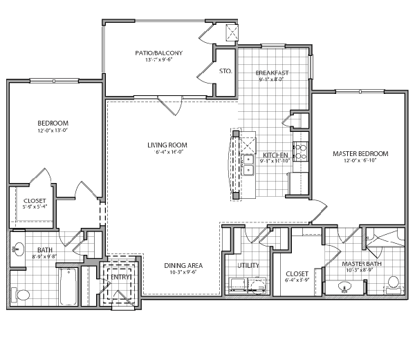 Two-bedroom apartment floor plan with labeled dimensions