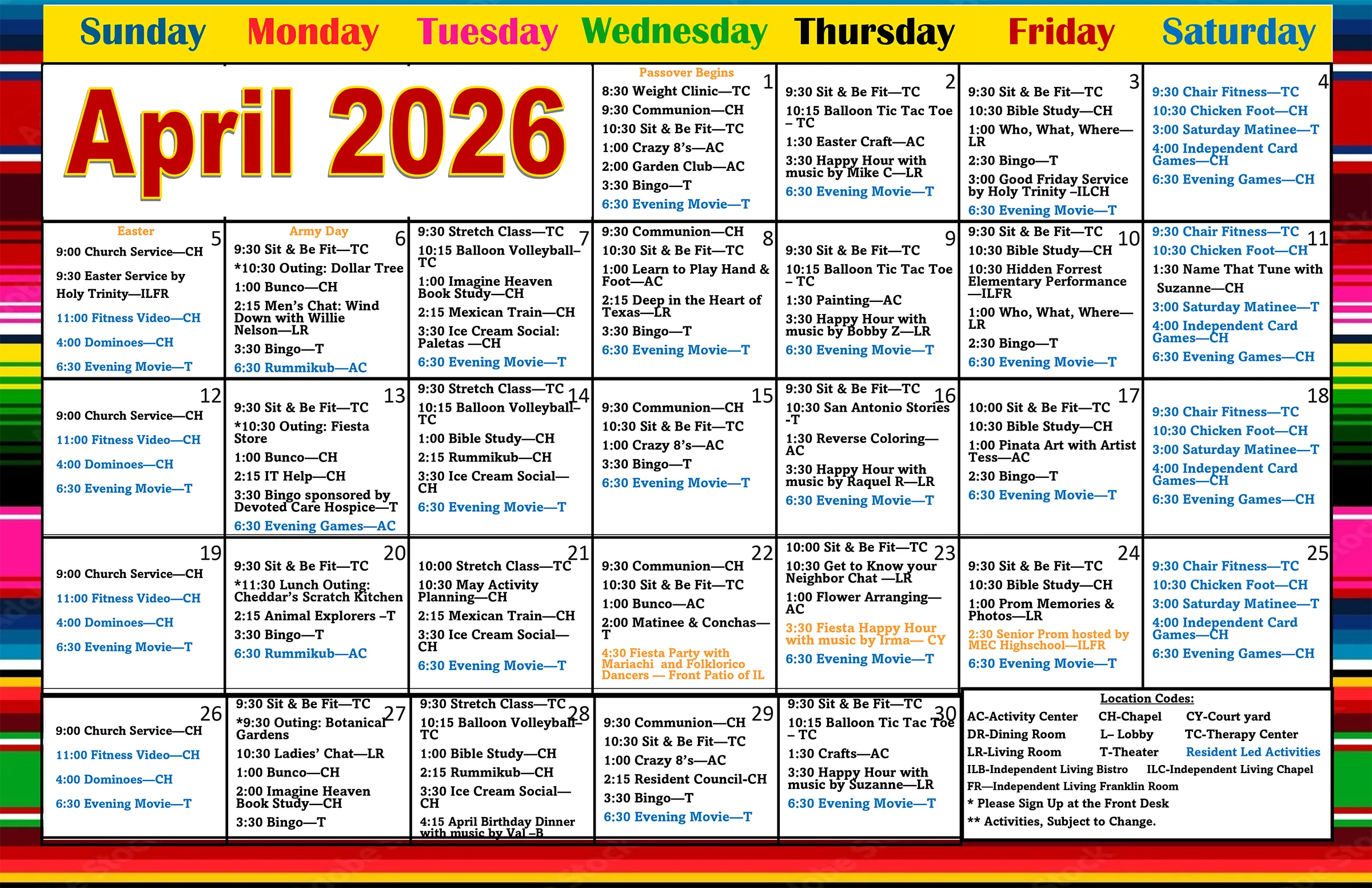 April 2026 activity calendar with daily events