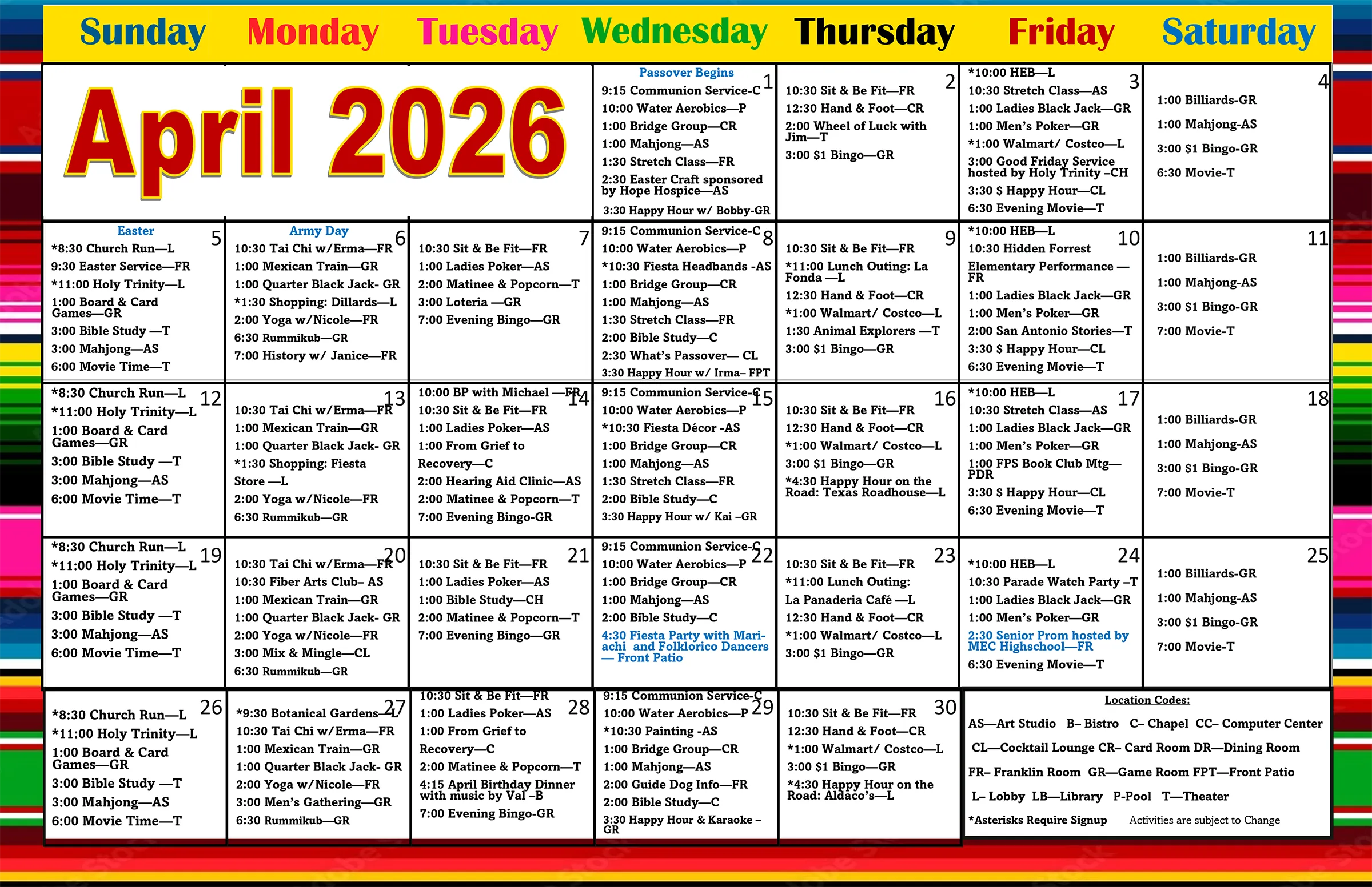 April 2026 community activities monthly calendar