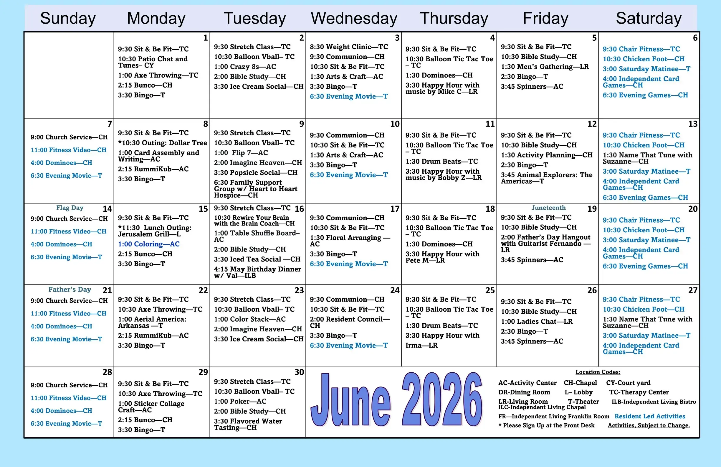 June 2026 community activities calendar