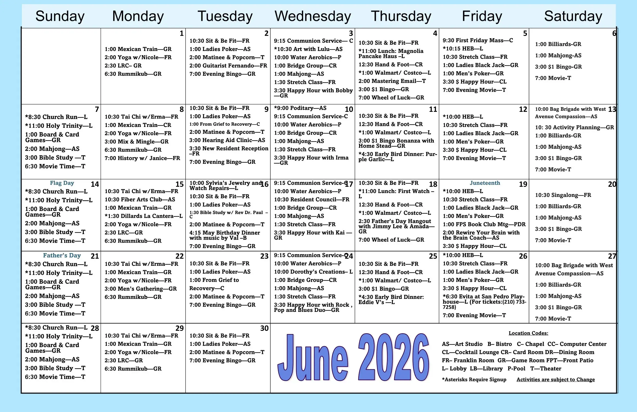 June 2026 community activity calendar with daily events